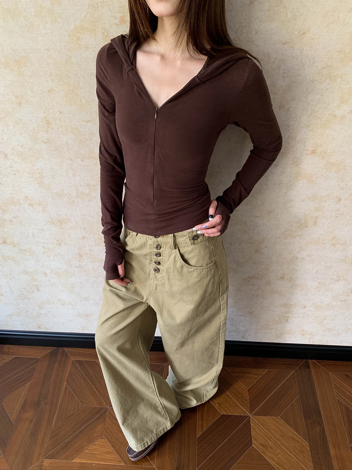 

Aket American Retro mat Long Sve Hoodie Women's Slim Fit Cardigan Sli Thin Outerwear Casual T-irt