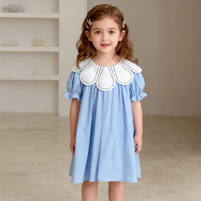 Girls Skirt 2025 Summer New Childrens Clothing Girl Baby Cute Short-sleeved Petal Collar Foreign Style Dress Casual Simple Daily