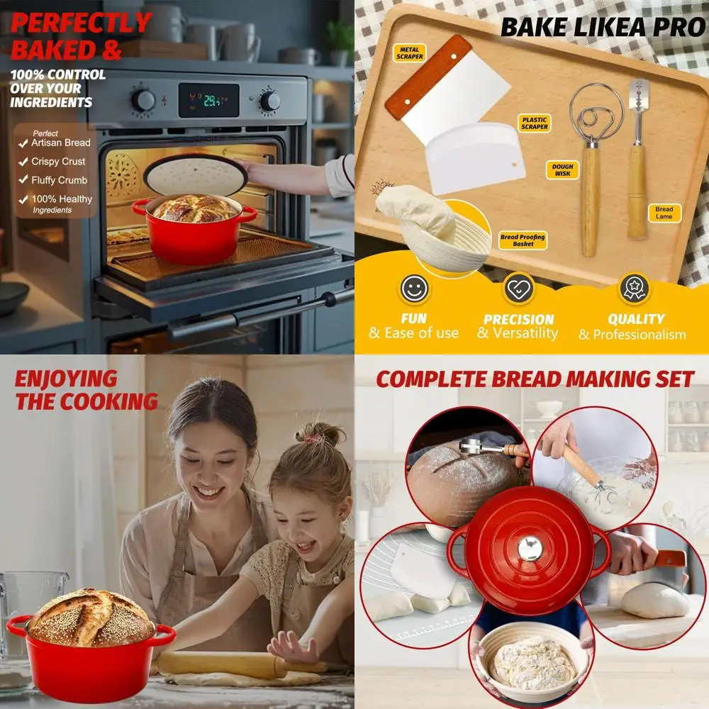 

Enameled Cast Iron Bread Oven with Proofing Basket - Heavy-Duty Cookware for Baking, Braising, Stews, and Roasting (Red)