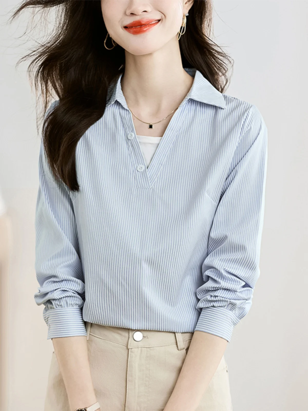 

Ele Vertical Stripes Long Sve Women's irt Faionable Chiffon Top Sli Spring Autumn 2026 New Arrival irt