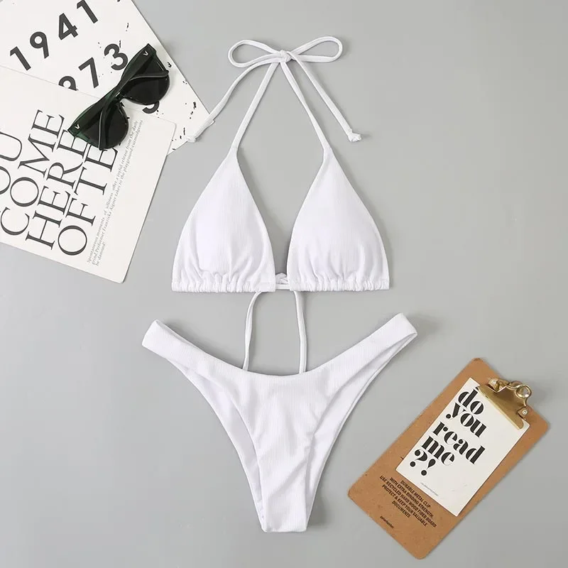 2024 Swimwear Women Sexy White Bikini Set Halter Lace Up Bathing Suit Bow Tie Drawstring Two-pieces Summer Split New Biquinis