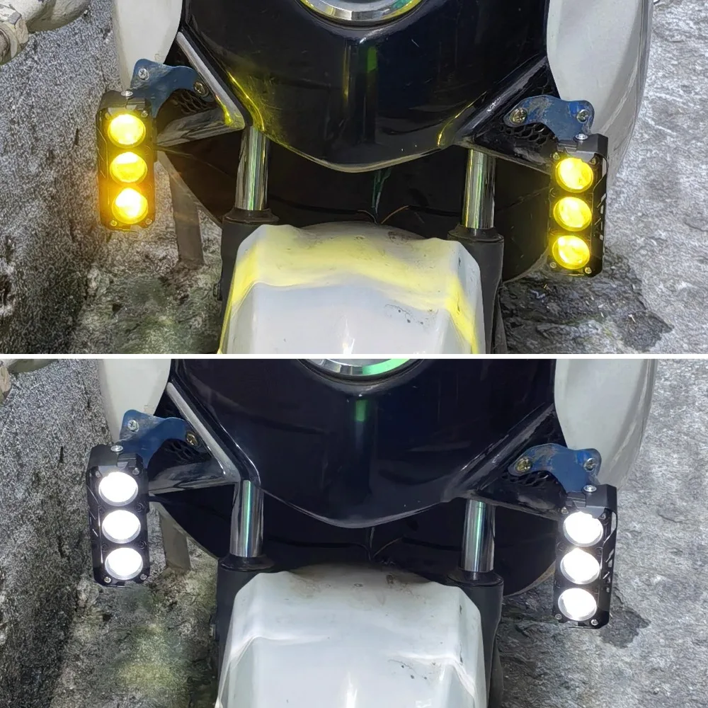 دراجة نارية LED الأضواء ثنائي اللون مرحبا/منخفضة شعاع أصفر أبيض 3 عدسة الضباب الخفيف لهوندا ياماها المصباح مصباح مساعد خارجي #3
