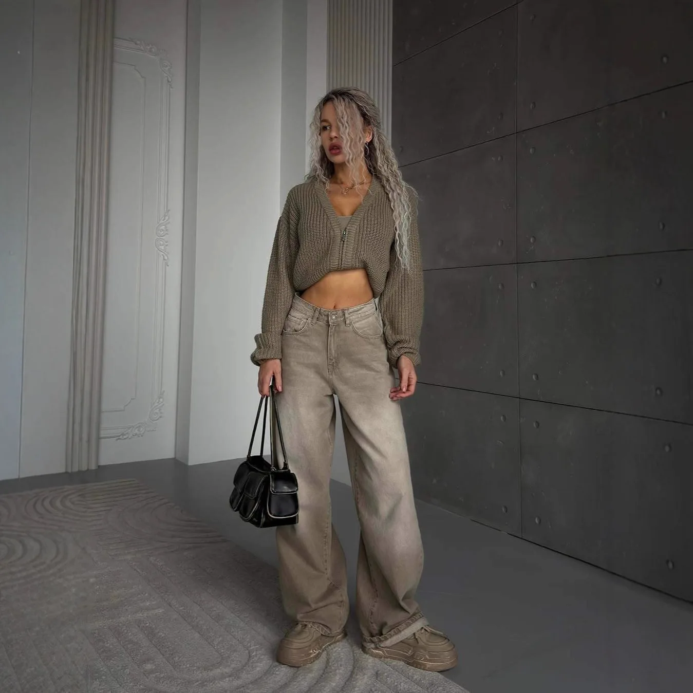 

Mocha Gray Vintage Trendy Distressed Wide-Leg Jeans For Women, New High- Straight Loose Floor-Length Pants
