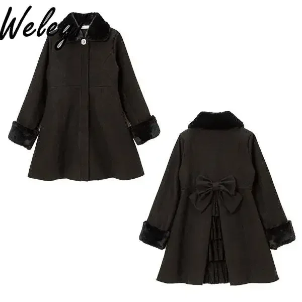 Sweet Lolita Women's Big Bow Woolen Jackets Winter 2024 New Cute Japanese Style Black Lace Stitching Fur Collar Furry Coat Women