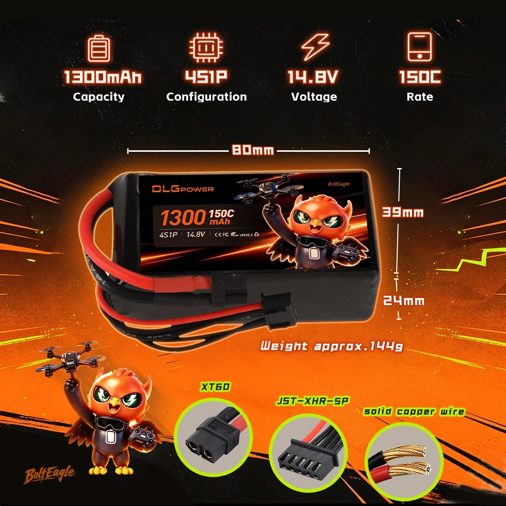 14.8V 4S1P Lipo Battery 1300mAh 150C LiHV Batteries XT60 Plug for FPV Freestyle Racing Drone RC Quadcopter Accessories Model Toy