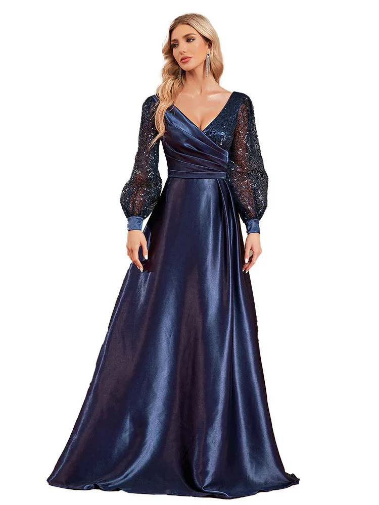 فستان جديد من الحرير بخط عنق على شكل حرف V وأكمام طويلة، تصميم نحيف بتفاصيل خرزية، فستان سهرة أنيق بتصميم ذيل السمكة، أنيق وع...