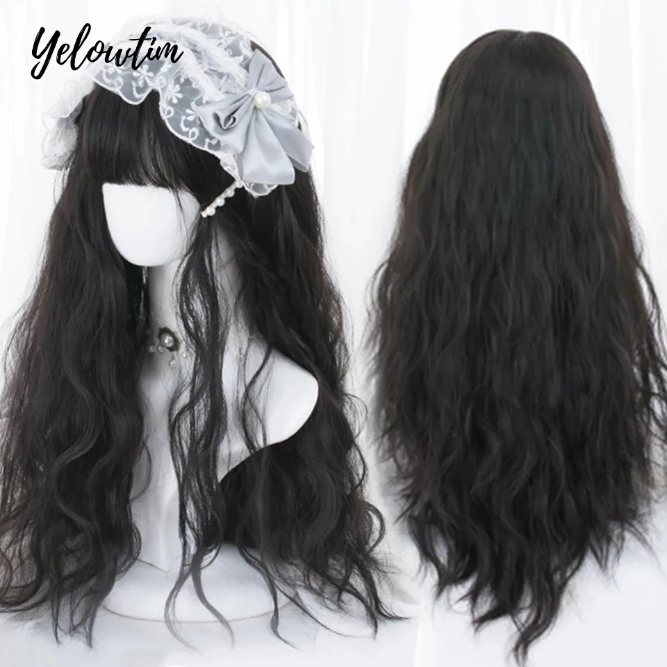 

Long Curly Wave Wig with Bangs Black Colorful Cosplay Silky Wig for Women Daily Party Natural Soft Synthetic Hair Heat Resistant