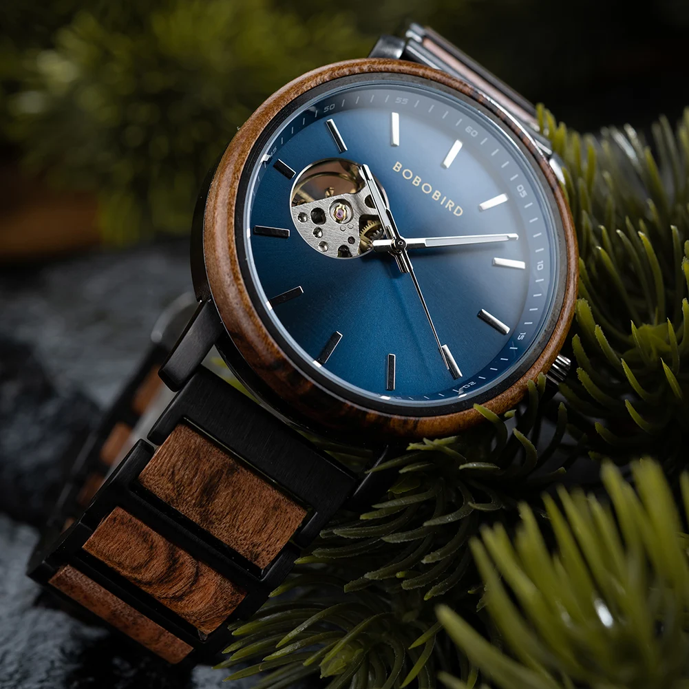 BOBO BIRD Watch for Men Wooden Stainless Steel Combination Skeleton Design Automatic Mechanical Watches Support Customize