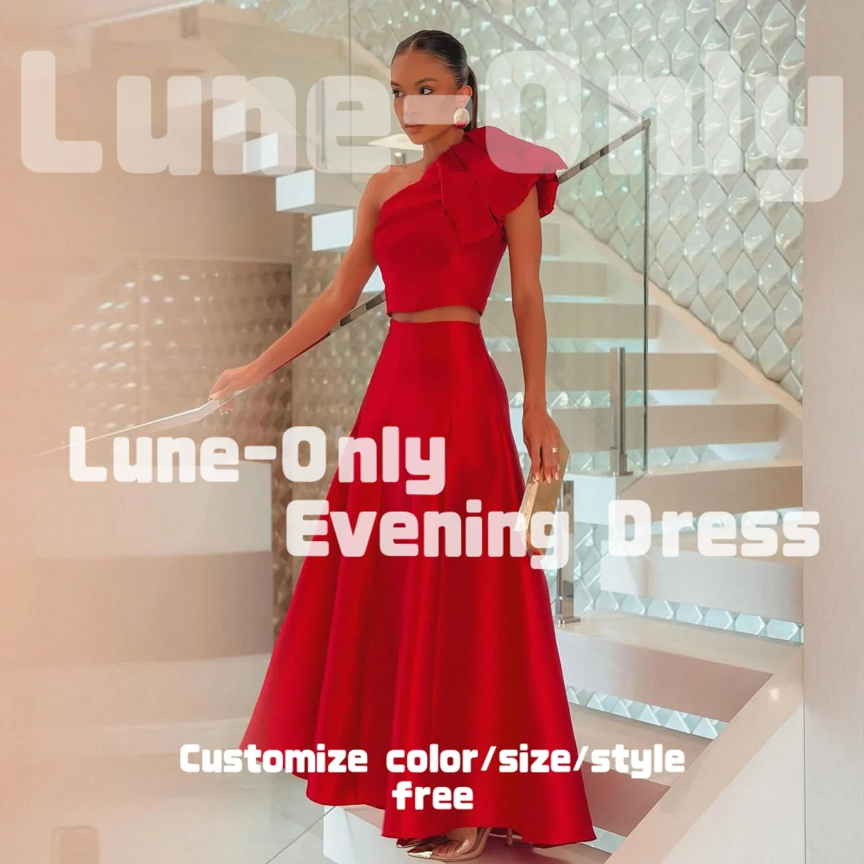 

Customized Red One shoulder 2 Piece Evening Dresses For Formal Occasion Ruched A-line Satin Sleeveless Prom Dress Party Gown