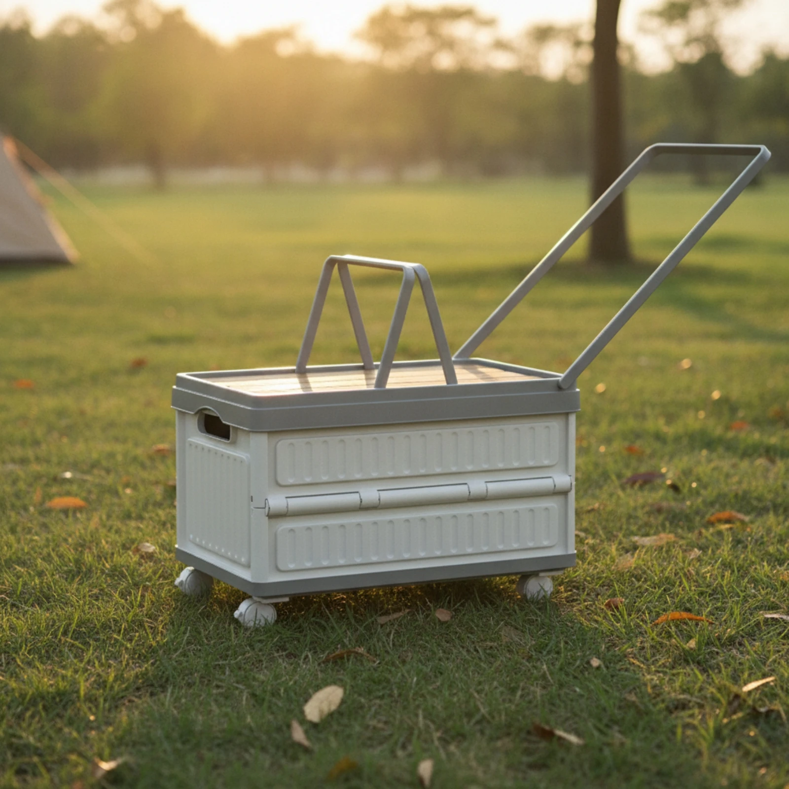 Rolling Storage Box with Wood Lid Portable Wheeled Storage Chest with Handle Ergonomic Non-Slip for Campers, Camping, Car Trunk