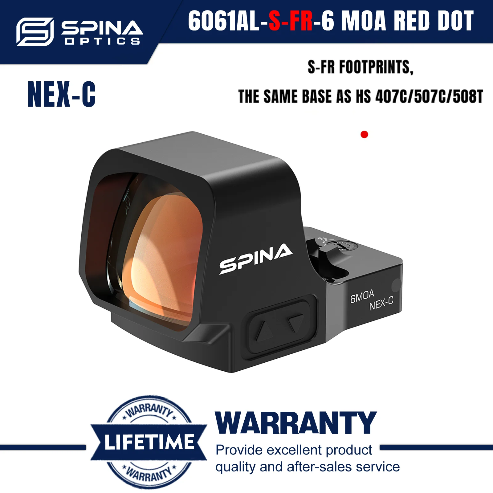 SPINA OPTICS NEX-C Large Field of View Competition Red Dot 6MOA Shake Awake S-FR Footprint HS 407C/507C/508T Lifetime Warranty