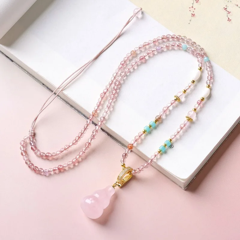 Natural Rose Quartz Gourd with Strawberry Crystal New Chinese Style Summer Clavicle Necklace Gifts