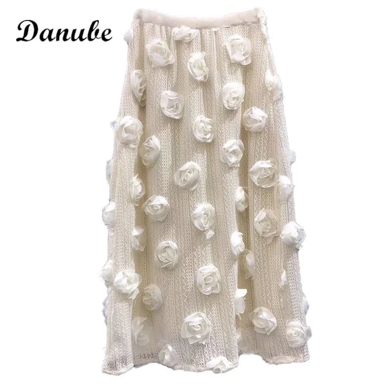 Elegant Design 3D Flower Tulle Long Skirt Women Korean Style High Waist Lace Mesh A Line Midi Skirt Summer Vintage Grunge Skirt