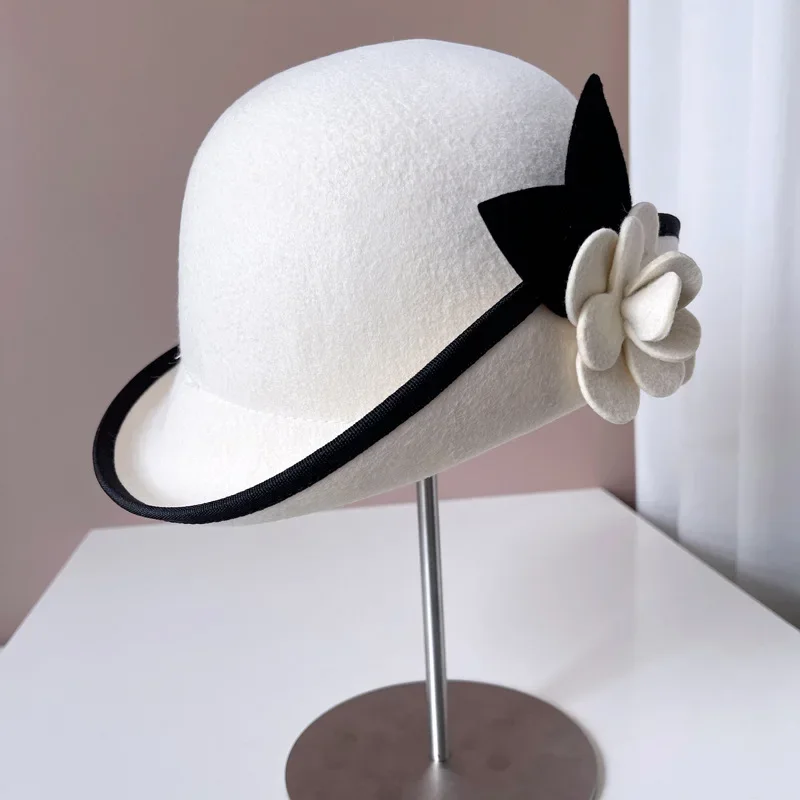 Delicate and elegant little fragrant camellia hemmed top hat 100% Australian wool felt hat fashion color contrast basin hat