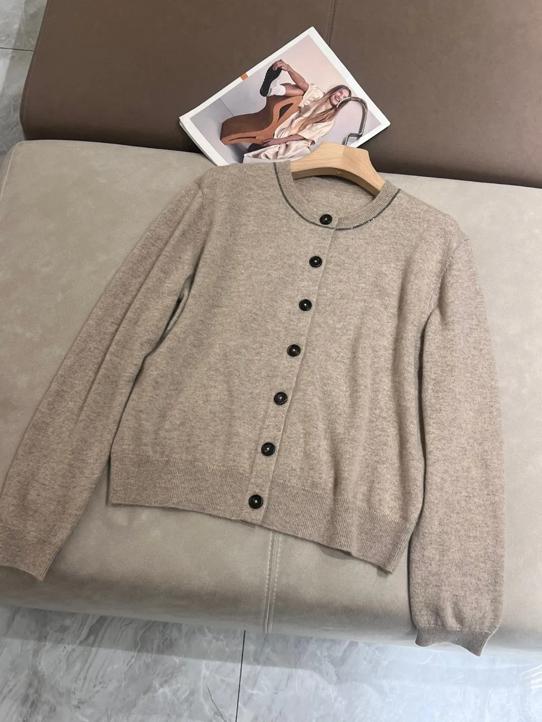 Autumn solid color round neck pure cashmere loose cardigan