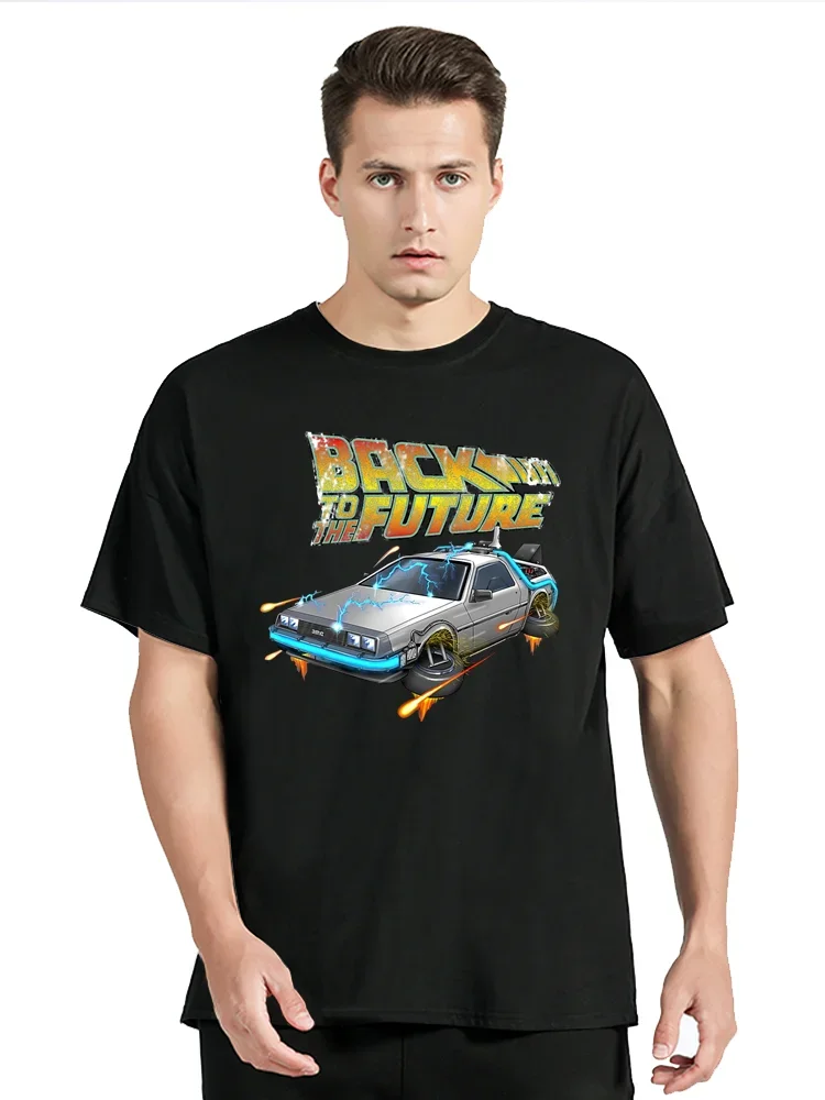 T-shirt rétro en coton imprimé Retour vers le futur pour homme, mode amusante, col rond, voiture