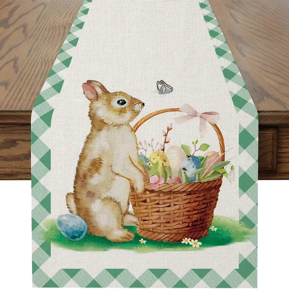 

Easter Decorations Buffalo Plaid Bunny Egg Linen Table Runner Wedding Kitchen Dining Party Decor