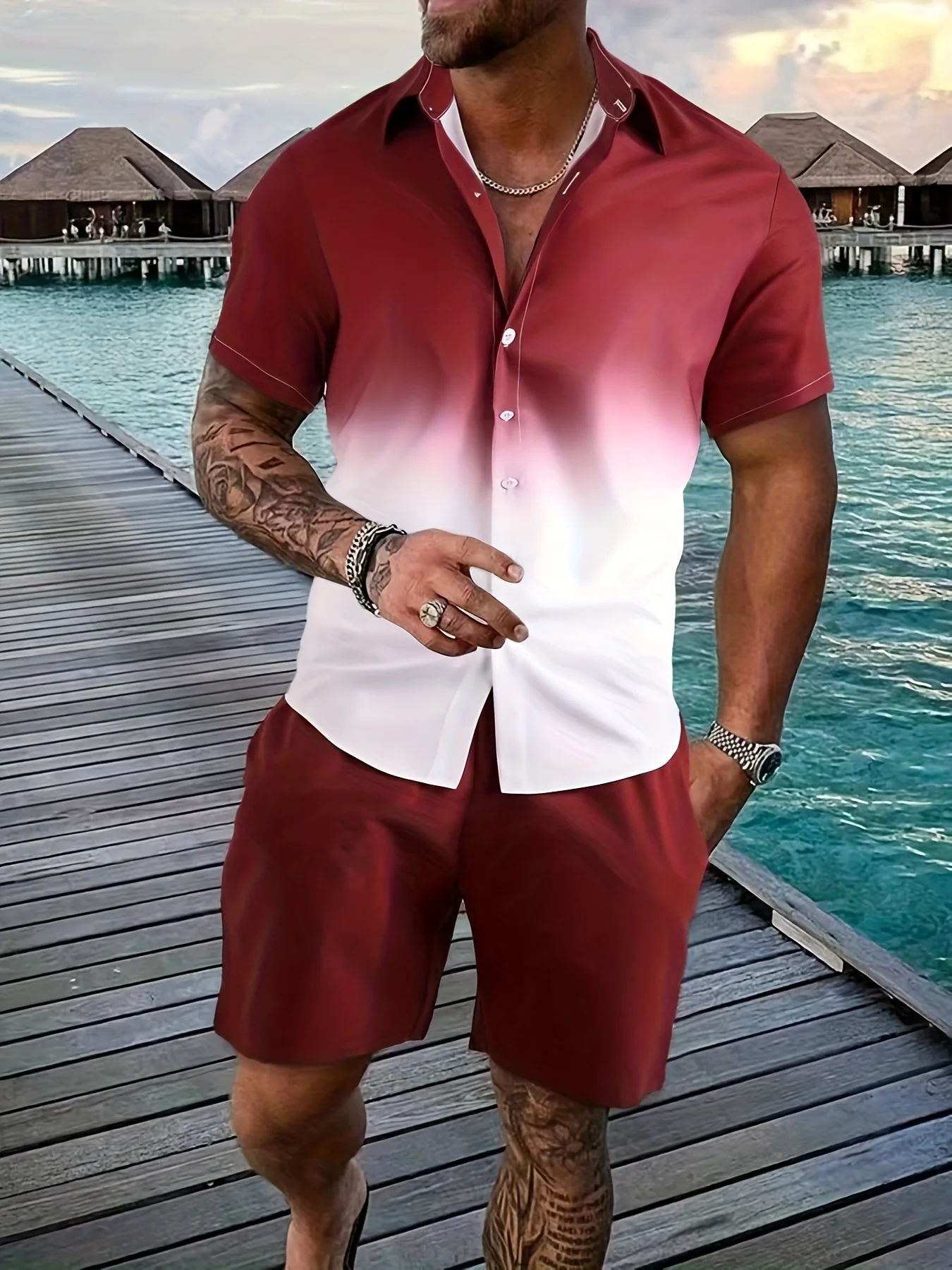 Man Suits Clothing Summer Men Shirt Sets 3D Print Graduated Stripes Short Sleeve Casual Shirt Oversized Beach Shorts Hawaiian