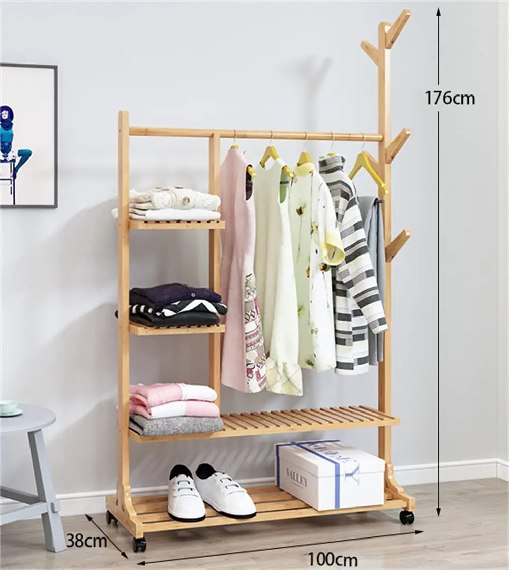 Four storey multifunctional bedroom hanger clothes storage rack bamboo hanger