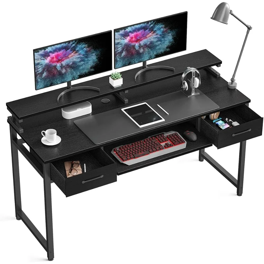 

Computer Study Table, 55 Inch Office with Drawers and Keyboard Tray, Study Work Desk with Monitor Shelf,