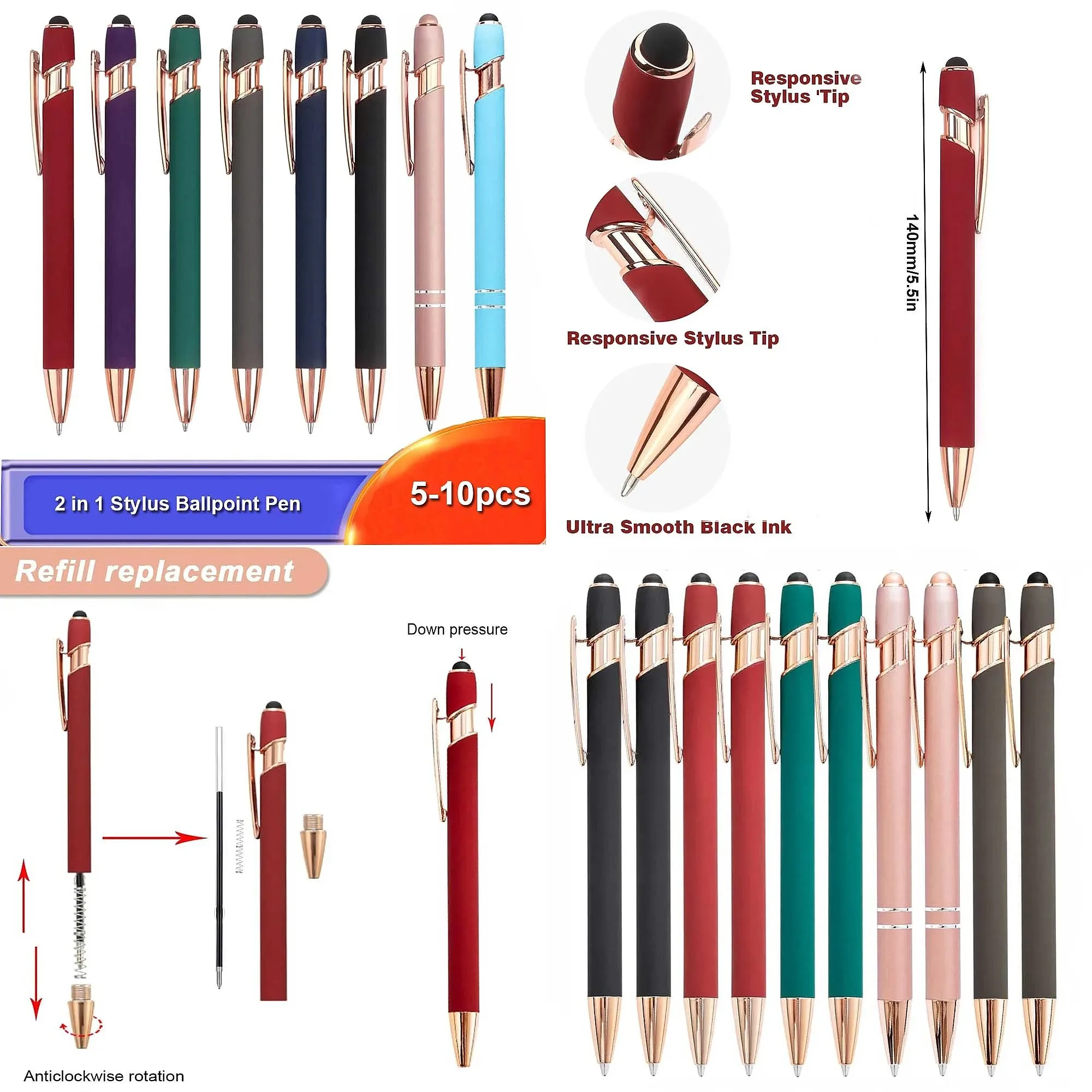 5-10 Pack 2-in-1 Retractable Stylus Pen, Metal Ballpoint Pen with Stylus Tip for Touch Screen, 1.0mm Black Ink
