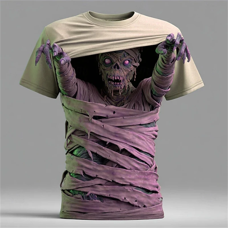 

New Halloween Men Zombie Mummy T-Shirt Round Neck Loose Breathable Short Sleeve T-Shirt Exaggerated Horror Party Street T-Shirt