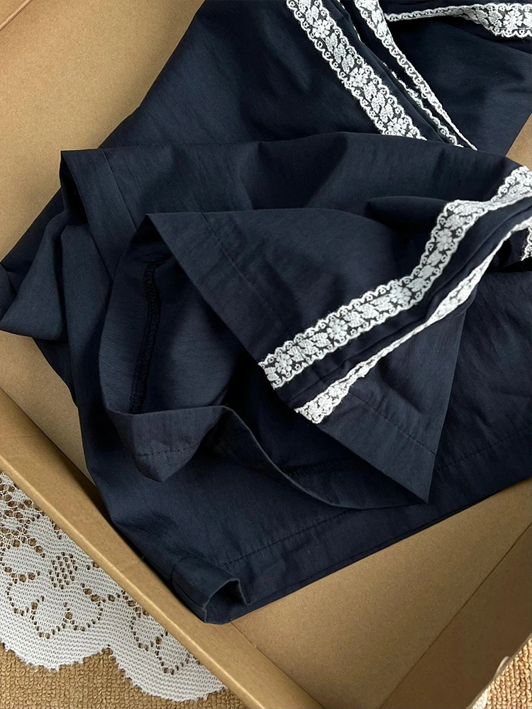 Koreańskie spodnie damskie z wysokim stanem, w paski, z koronkowymi wstawkami, letnie, cienkie, z szerokimi nogawkami, codzienne, sportowe, do pracy, styl Sle ket.