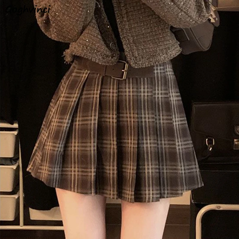 

Pleated Skirts for Women American Style Retro Plaid College Autumn Sweet Girls Chic High Waist Belted Fashion All-match Mini New