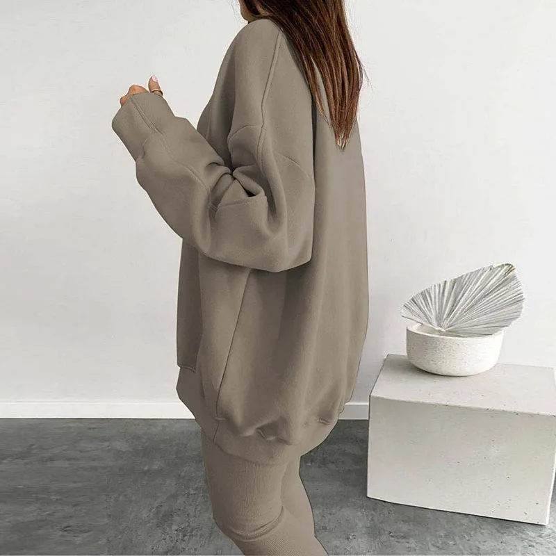 Setelan Olahraga Warna Solid Musim Gugur Musim Dingin Wanita Kasual, Atasan Sweatshirt Leher Bulat dan Celana Slim, Setelan 2 Potong Lengan Panjang
