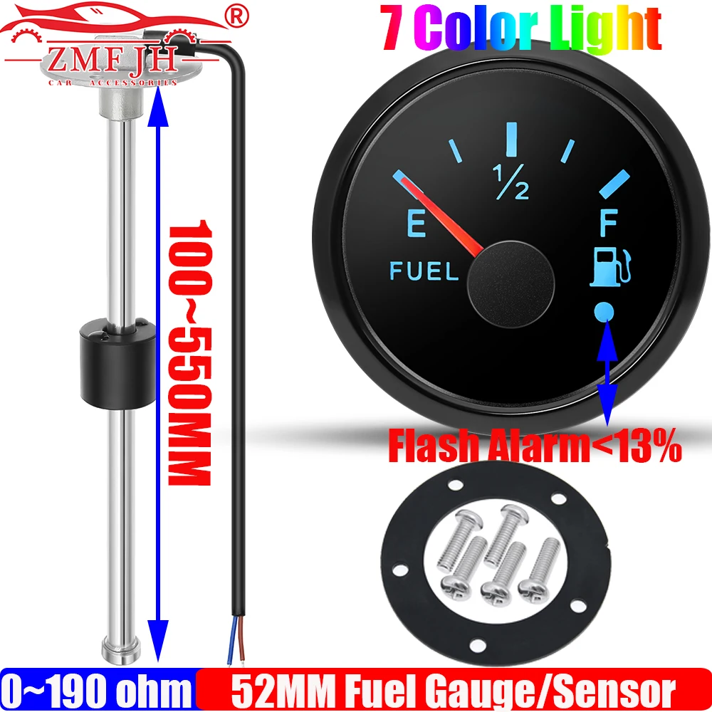 

ZMFJH 7 Color Light 52MM Fuel Level Gauge with Alarm 0-190ohm Fuel Level Sensor 100-550MM Optional for Car Boat Yacht 12V24V