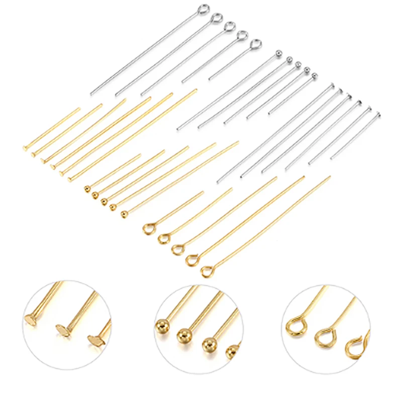 Cabeça de aço inoxidável Pins para fazer jóias, cabeça chata Pins, olho banhado a ouro de água, bola, brincos DIY, 50-100Pcs por lote