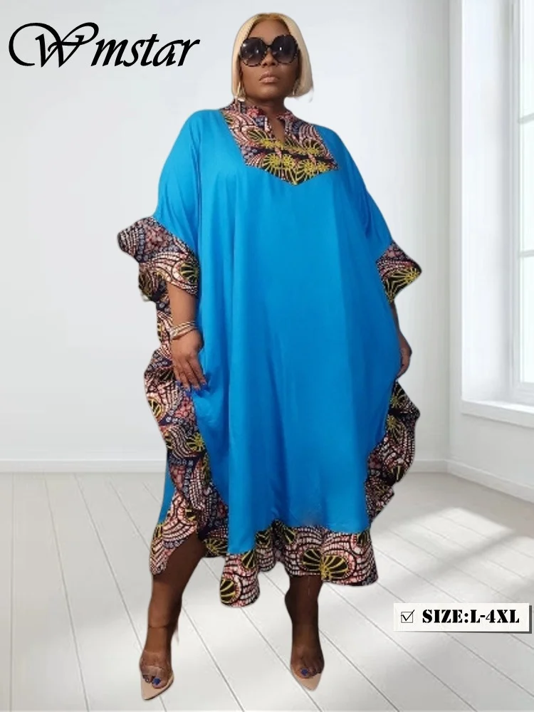 Wmstar plus size vestido feminino retalhos áfrica maxi vestido roupas formal decote em v solto floral impressão elegante atacado dropshipping