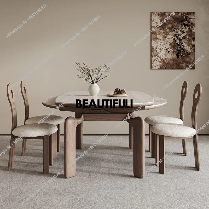 

dining table retractable cave stone rock slab dining table household wabi sandy wind folding dining table and chair combination