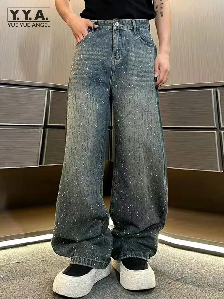 

Новые мужские осенние повседневные джинсовые брюки с полной дрелью, уличная одежда с высокой талией, свободные брюки прямого кроя, дизайнерские мужские модные брюки