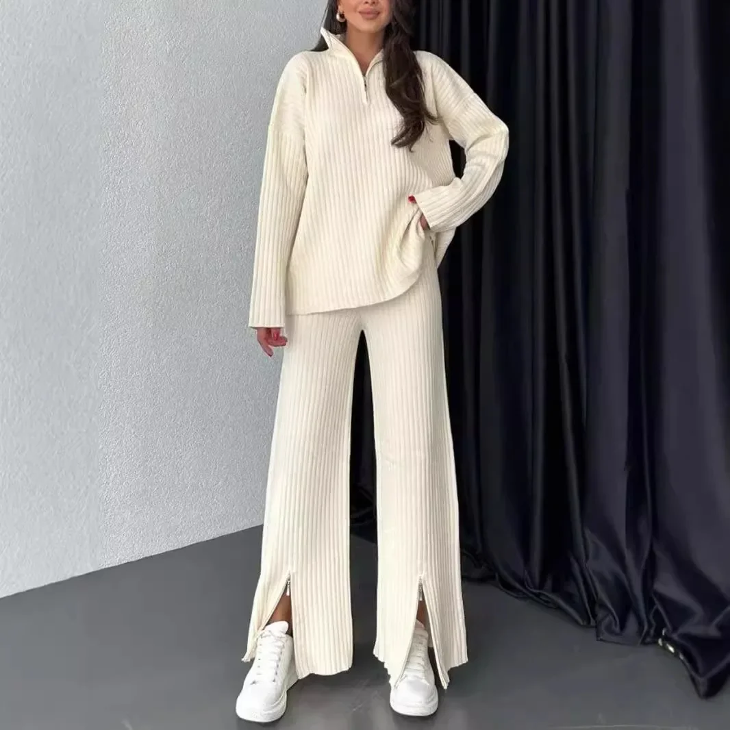 

Women Pants Set Knitted Two Piece Sets Turtleneck Full Sleeve Zipper Tops Elastic Waist Elegant Splice Wide Leg Long Pant