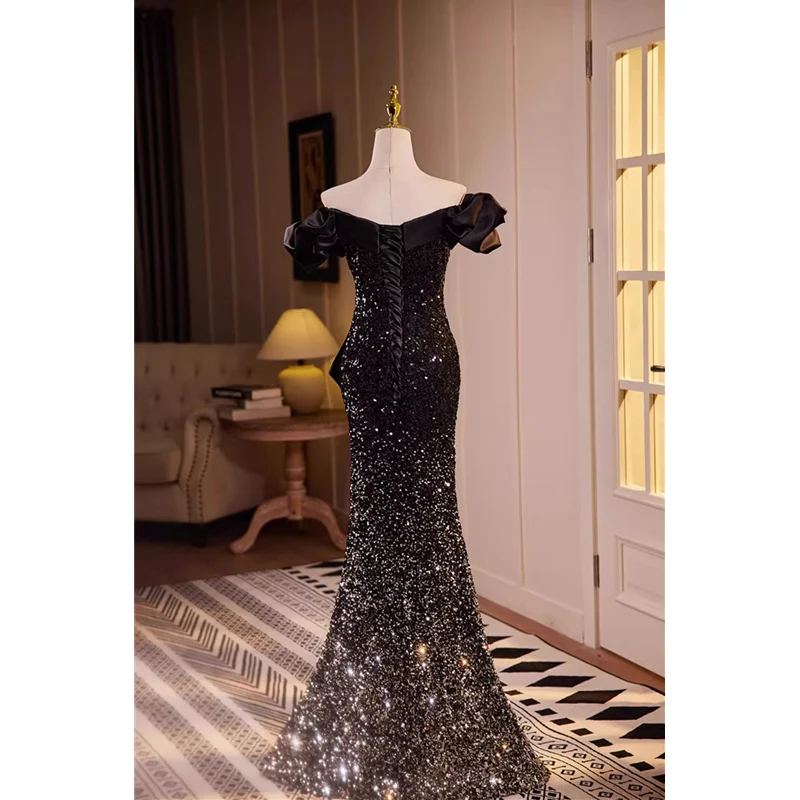 Bespok Occasion Dress Black Sequins Off the Shoulder Pleat Sleeve Lace up Mermaid Floor-length Plus size Women Party Formal Gown