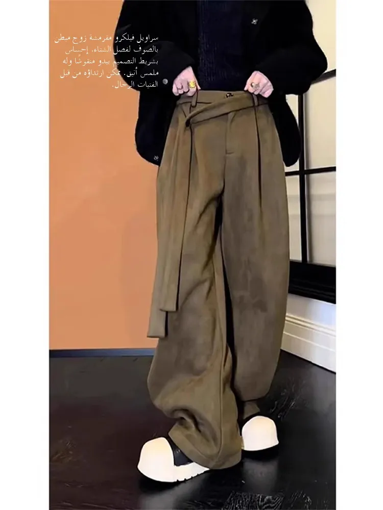 

Men's Suede Straight Leg Pants Autumn Winter Drape Design Wide Leg Loose Casual Trousers Belted Knife Sle