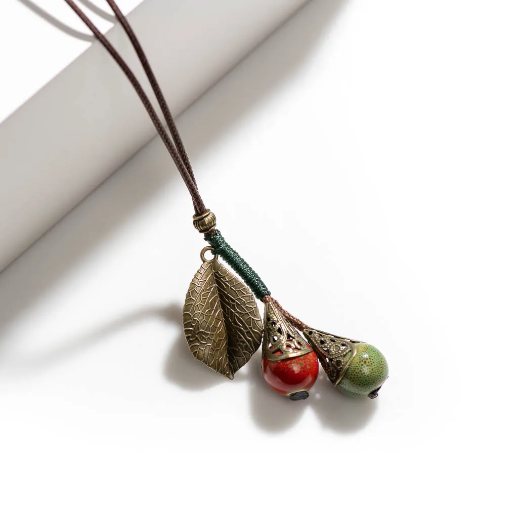 Bohemian Vintage Handmade Leaf Necklace Ceramic Beads Pendant Bulk Goods Wholesale  Collier Femme 2X444