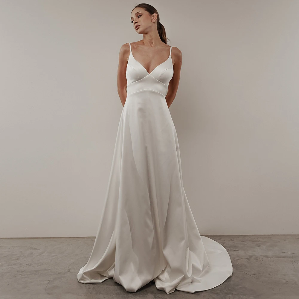 Simple Spaghetti Strap V-Neck Satin A Line Wedding Dress With Chapel Train Customized Open Back Bridal Gown for Beach Wedding
