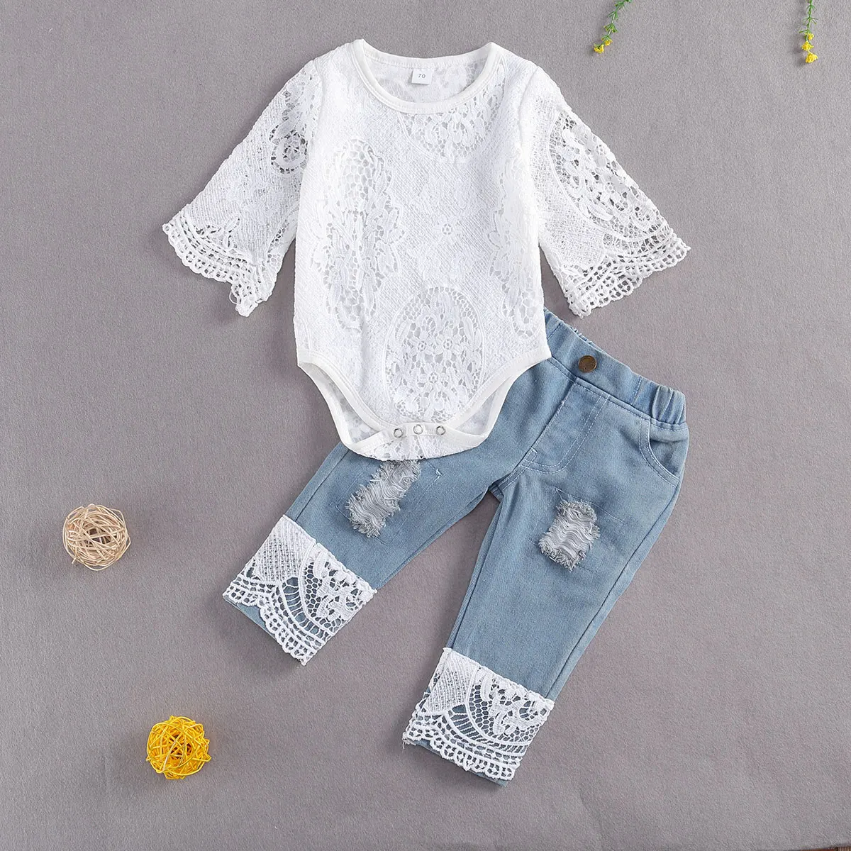 

RWYBEYW Toddler Baby Girl Clothes 3 6 12 18 24 Months Lace Ruffle Romper Top Flare Denim Jeans Clothing Outfits Set