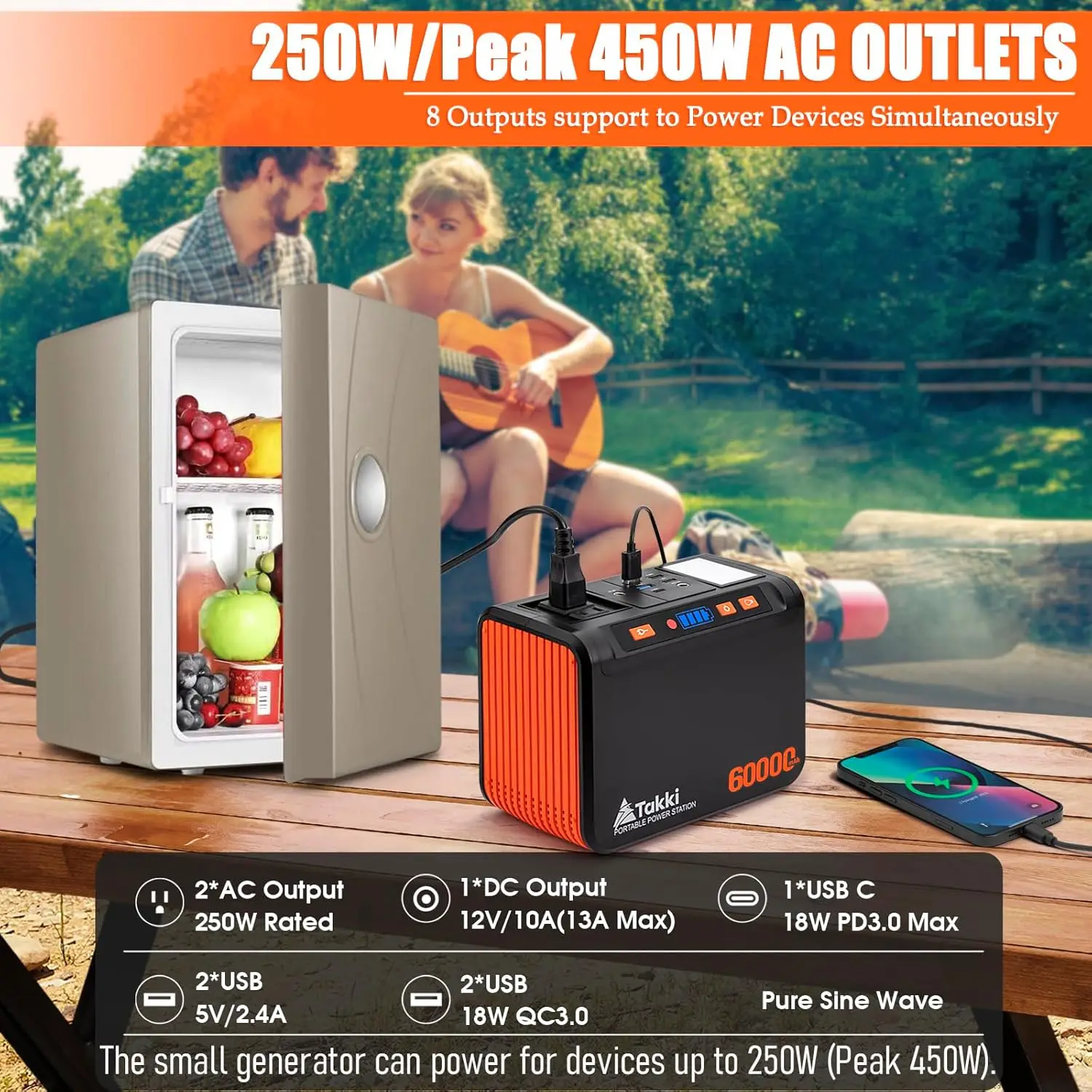 250W 휴대용 파워 스테이션 222Wh 순수 사인파 AC 콘센트 캠핑 가정 비상용 노트북 충전용