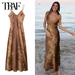 TRAF Womens Satin Sleeveless Backless Dresses Summer 2024 Tie Dye Slip Dresses Ladies Fashion Sexy Dress Beach Vacation Dresses