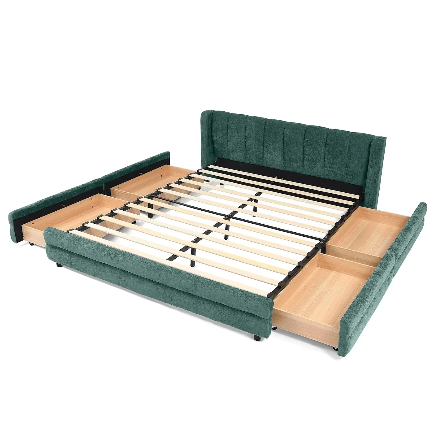 Queen Upholstered Platform Bed With 4 Drawers, Chenille Fabric Headboard, Low Profile No Box Spring, Customized