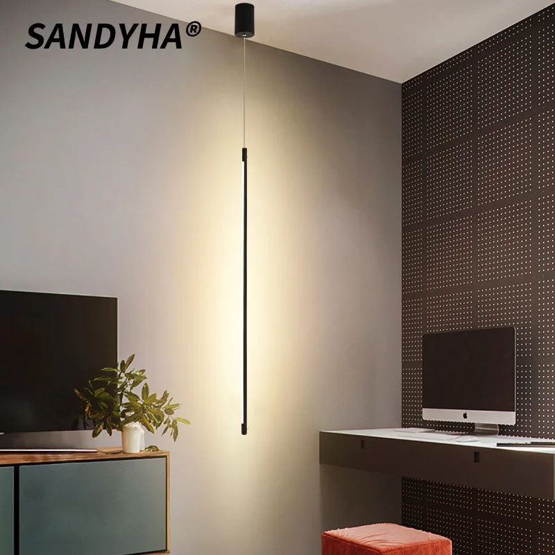 SANDYHA الحديثة الحد الأدنى قلادة ضوء أسود طويل الثريا LED تركيبة إضاءة للديكور الفني من غرفة نوم قاعة المعرض بار