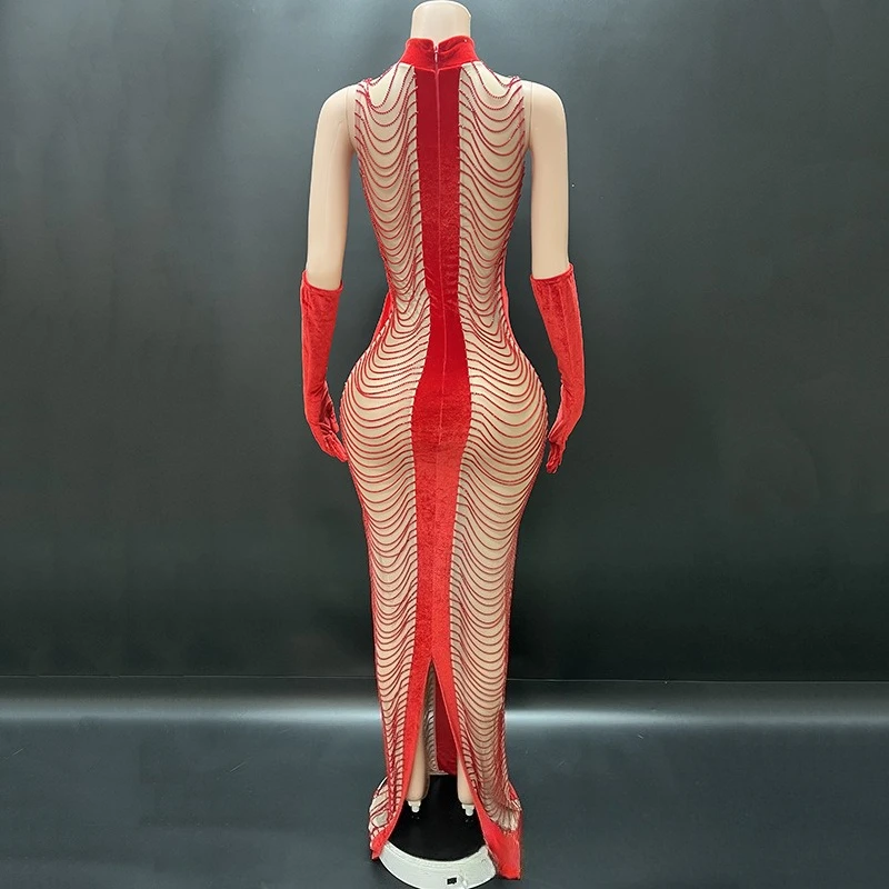 تصميم متخصص أحمر مخملي فاخر سلسلة الورك التفاف فستان مهرجان الموسيقى أداء المغني فستان نموذج المشي تظهر فستان Vestido Festas