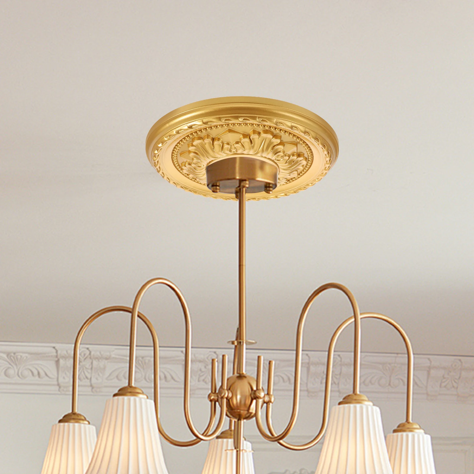 Goldene Runde Deckenrosette Stahlverstärkte PU-Dekorative Deckenplatte Einfache Installation Heim Schlafzimmer Wohnzimmer Beleuchtung