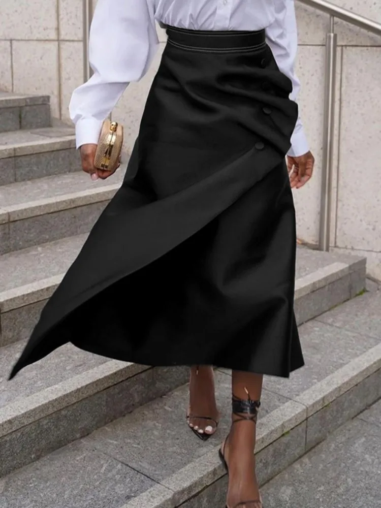 

Yeezzi 2025 New Fashion Asymmetrical Buttoned Pleated A-Line Skirts For Women Loose High Waisted Urban Black Zipper Long Skirt