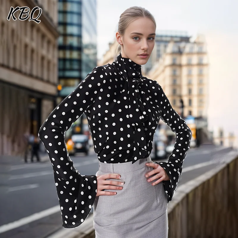 

KBQ Patchwork Lace Up Dots Shirts For Women Stand Collar Long Sleeve Minimalist Hit Color Slimming Blouses Female Fashion Style