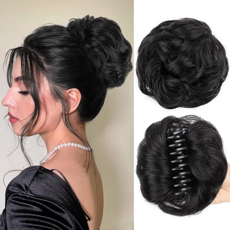 European and American style women's synthetic high-temperature fiber curly hair bun with clip-on messy look wig