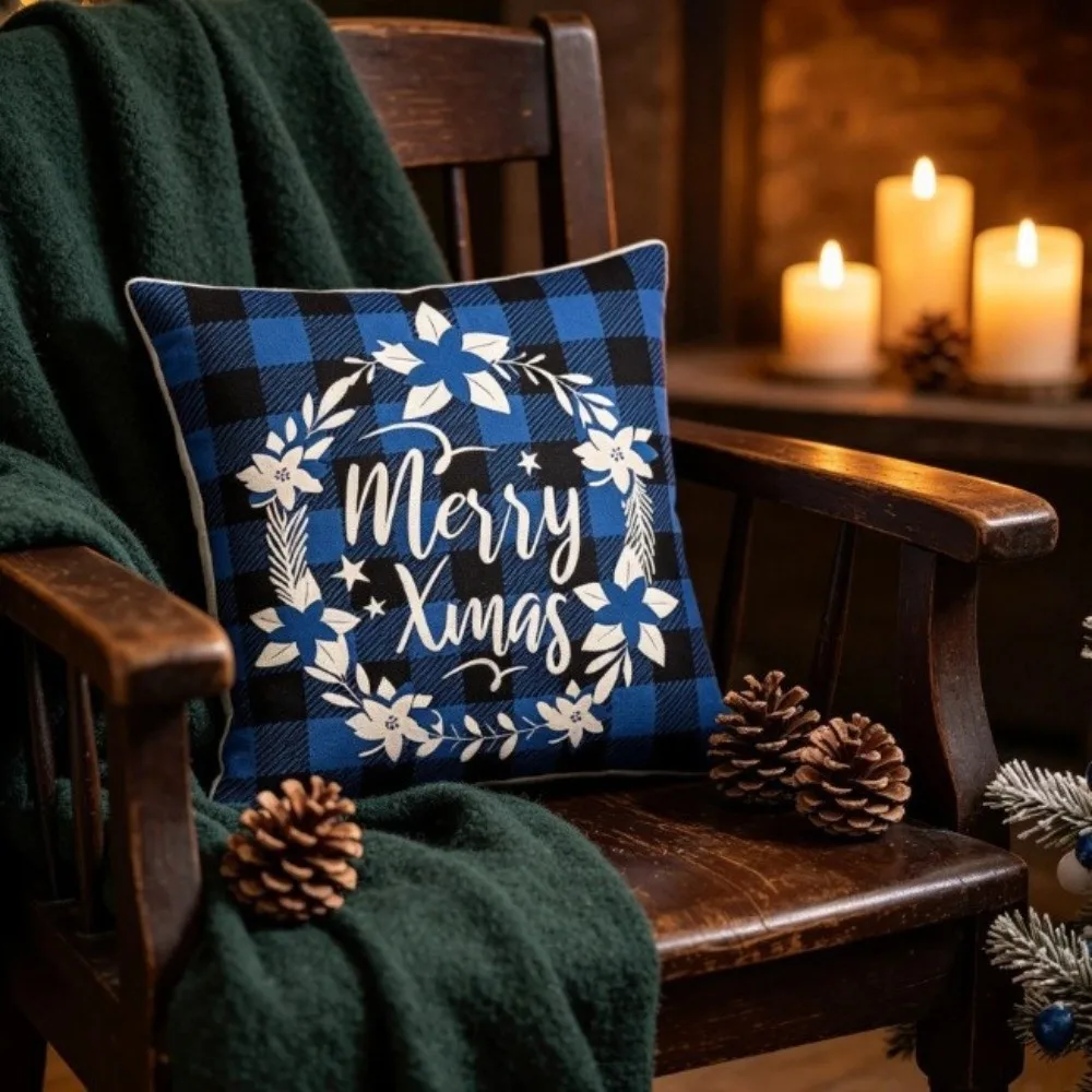 Reindeer 45cm 17in Christmas Pillow Covers Flax Soft Plaid Cushion Cover Comfortable Skin-friendly Xmas Pillowcase Sofa